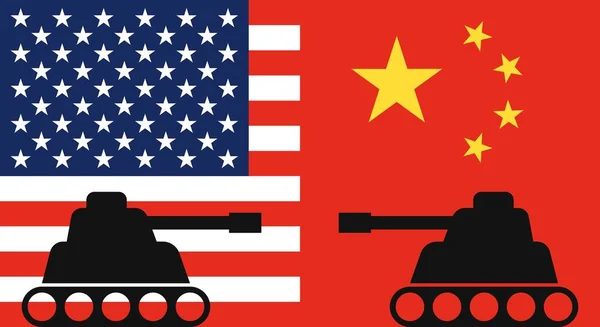 중국 국기와 유니를 배경으로 서로 마주보고있는 두 탱크 — 스톡 벡터