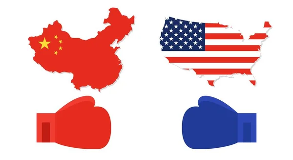 United states map and China map with Red and Blue Boxing gloves — Stock Vector