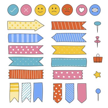 Doodle şerit ve eleman vektör simge kümesi