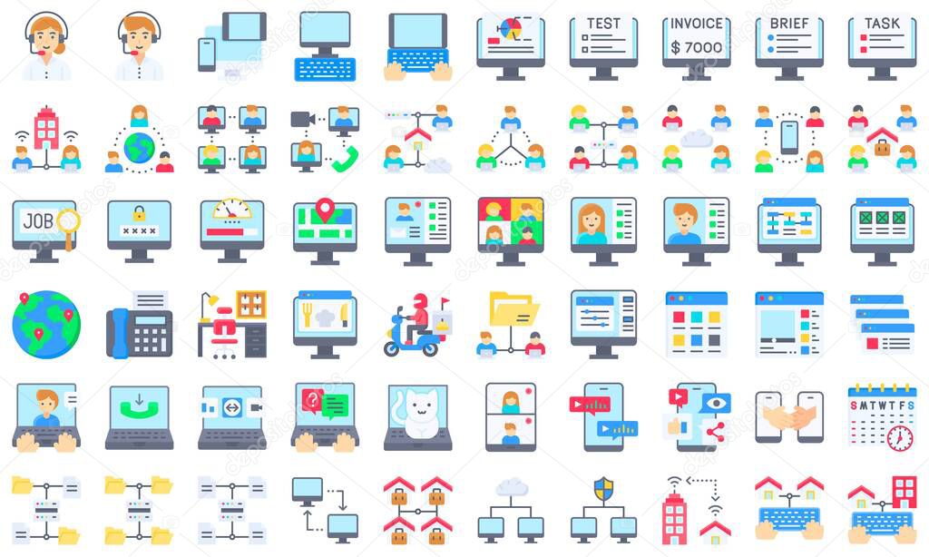 Telecommuting or remote work related flat icon set, vector illustration