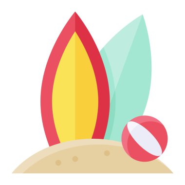 Kum ikonu üzerindeki sörf tahtaları, yaz tatili vektör illüstrasyonu