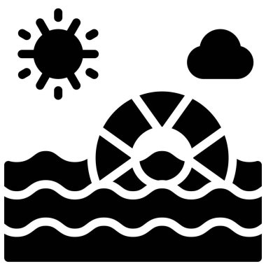 Yüzme yüzüğü ikonlu deniz, yaz tatili vektör illüstrasyonu