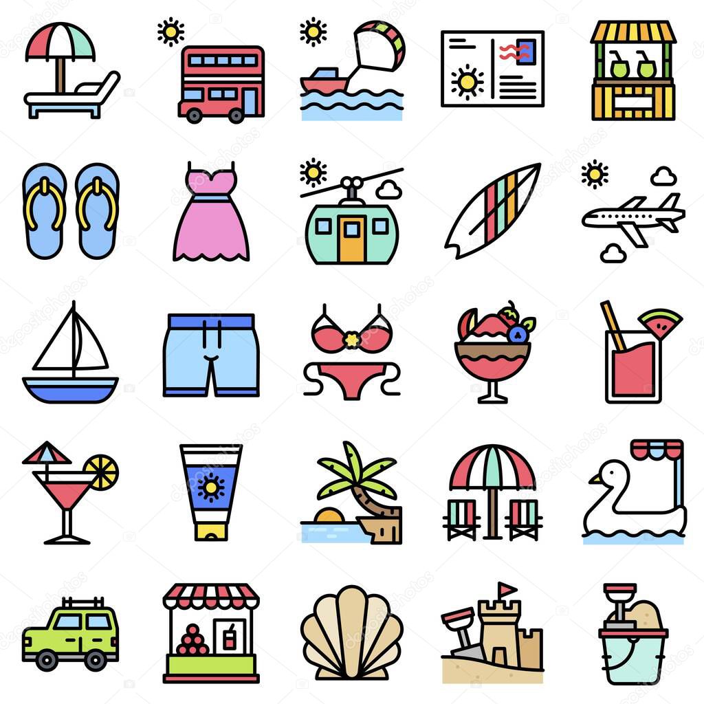 Summer vacation related vector icon set 1, filled style