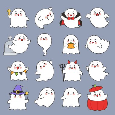 Cadılar Bayramı Kostümleri ve Aksesuar İllüstrasyonlu Ürkütücü ve Tatlı Çizgi Film Hayaleti Seti