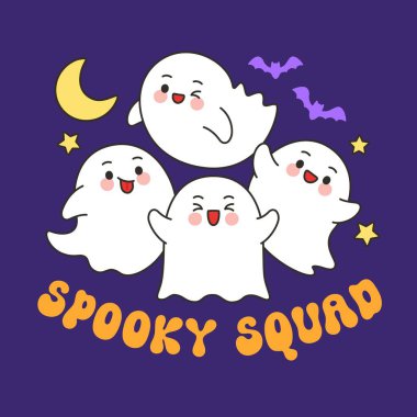 Ürkütücü Ekip Cadılar Bayramı Hayaletleri Ay ve Yarasa Vektör Çizimi