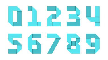 Origami Biçimi Yazı tipi ve Temiz Kalın Geometrik Sayılar ile Cyan Katlanmış Kağıt Numarası Yazı Tipi Vektörü İllüzyonu