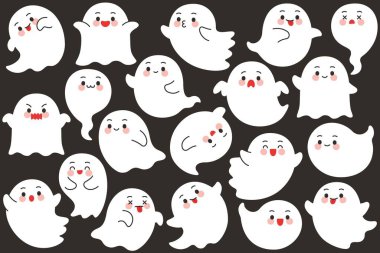 Farklı Pozisyonlarda Şirin Hayalet Karakterleri Koleksiyonu Cadılar Bayramı Vektör Sanatı