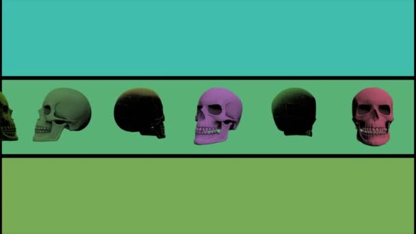 Une animation de crânes générée par ordinateur sur un fond abstrait adapté à Halloween 