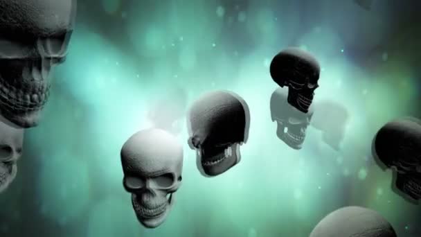 Une animation générée par ordinateur de crânes rotatifs sur un fond abstrait adapté à Halloween 