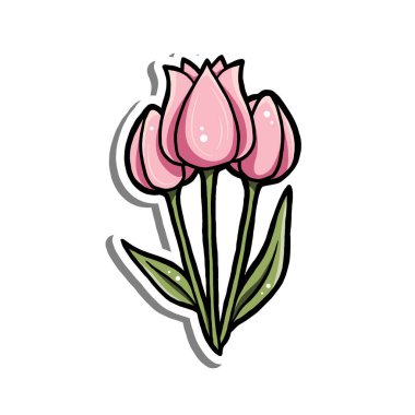 Basit bir çizgi film tarzında yeşil yaprakları olan üç sevimli pembe lale, kalın çizgiler ve beyaz arka planda izole edilmiş beyaz renkler, çıkartmalar veya çiçek tasarımları için mükemmel..