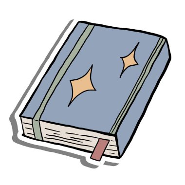 Kapağında Yer İmleri ve Dekoratif Yıldız Tasarımları olan Kapalı Mavi Kitap 'ın El Çizimi. Eğitim, Edebiyat, Kırtasiye ve Yaratıcı Tasarım Projeleri İçin Mükemmel.