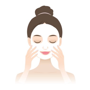 Cilt bakımı, su ve rahatlama için yüz maskesi takan güzel bir genç kadın. Güzellik, kaplıca, kozmetik, cilt bakımı, kişisel bakım ve sağlık konsepti için vektör illüstrasyon.