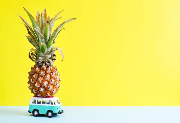 Hippie Bus with Mini Pineapple on the Roof Summer Time Concept Miniature Small Car Banner