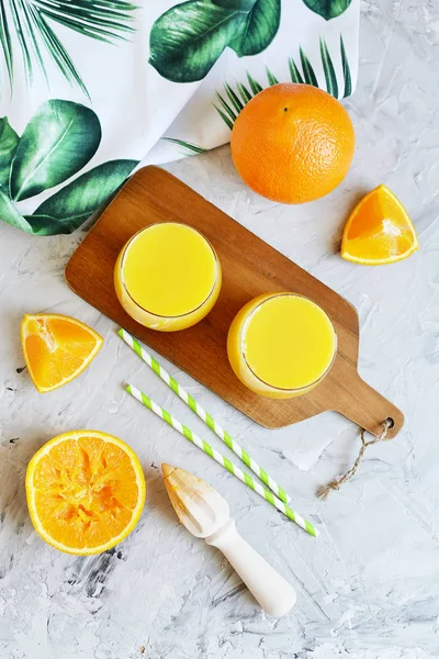 Fresh Orange Juice Glass Summer Morning Drink Beverage Gray Background — Stock Photo, Image