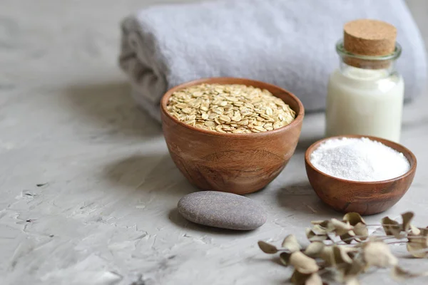 Ingredientes Naturales Para Exfoliante Casero Cara Del Cuerpo Leche Avena — Foto de Stock