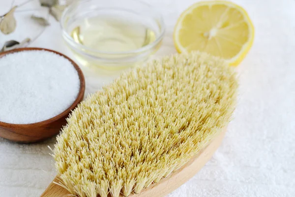 Natural Ingredients Homemade Body Sea Salt Scrub Lemon Olive Oil — Stock Photo, Image