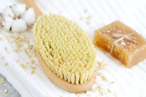 Ingredientes Naturales Para Jabón Exfoliante Casero Avena Corporal Toalla Blanca — Foto de Stock