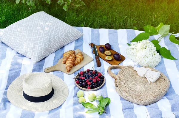 Picnic Instagram Estilo Comida Frutas Padaria Bagas Grama Verde Hora — Fotografia de Stock