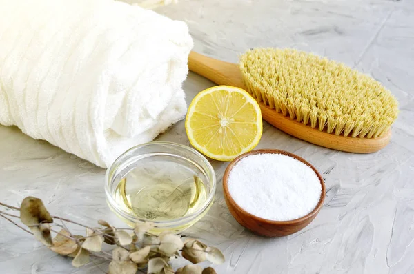 Natural Ingredients for Homemade Body Sea Salt Scrub Lemon Olive Oil White Towel Beauty Concept Skincare Organic Wooden Body Massage Brush Aroma Spa Therapy