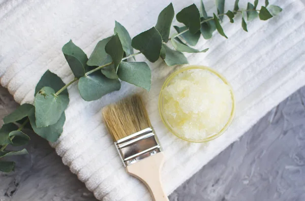 Natural Ingredients Homemade Body Sea Salt Scrub Olive Oil White — Stock Photo, Image