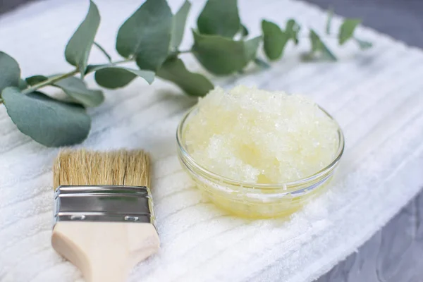 Ingredientes Naturales Exfoliante Casero Sal Marina Con Aceite Oliva Toalla — Foto de Stock