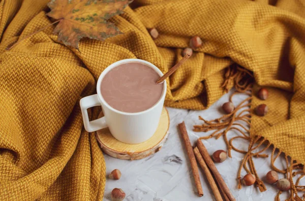 Weiße Tasse Heiße Schokolade Gelber Karo Blätter Grauer Hintergrund Herbstkonzept — Stockfoto