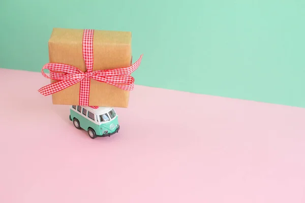 Hippie Bus with New Year Christmas Present on the Roof Miniature Small Car Banner Party Theme