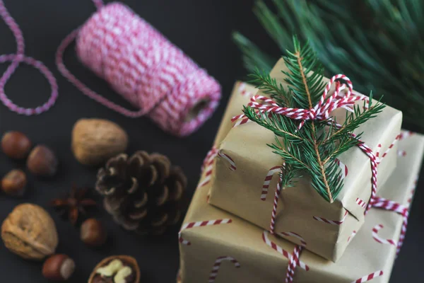 Caixas Presente Natal Decoração Natural Decoração Ano Novo Festa Conceito — Fotografia de Stock