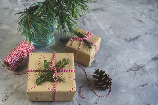 Caixas Presente Natal Decoração Natural Decoração Ano Novo Festa Conceito — Fotografia de Stock