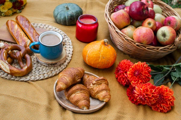 Panier Avec Boulangerie Alimentaire Automne Pique Nique Temps Repos Contexte — Photo