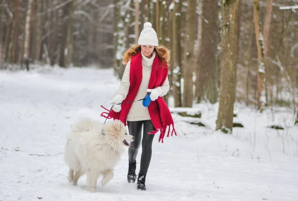 Vacker Ung Kvinna Snöiga Vintern Forest Park Promenader Leker Med — Stockfoto