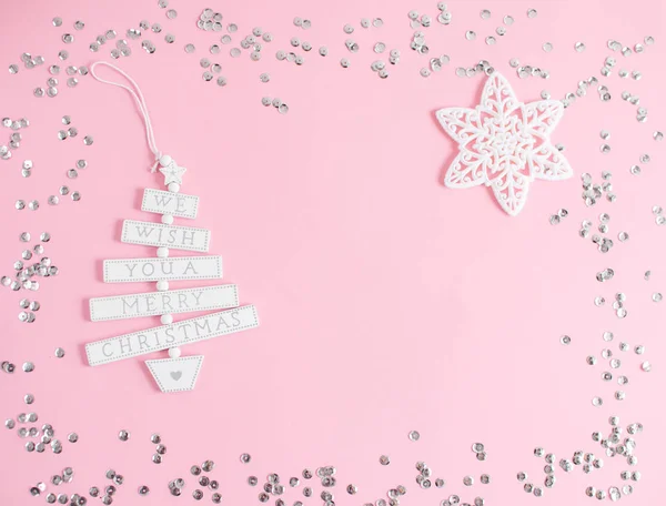 Christmas Toy Text Wish You Merry Christmas Pastel Pink Background — Stock Photo, Image