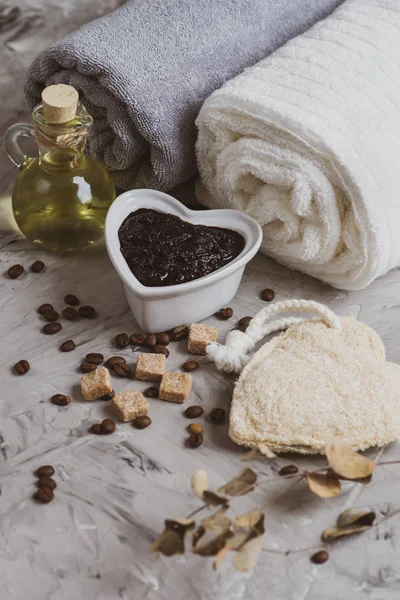 Ingredientes Naturales Para Cuerpo Casero Chocolate Café Azúcar Sal Exfoliante — Foto de Stock