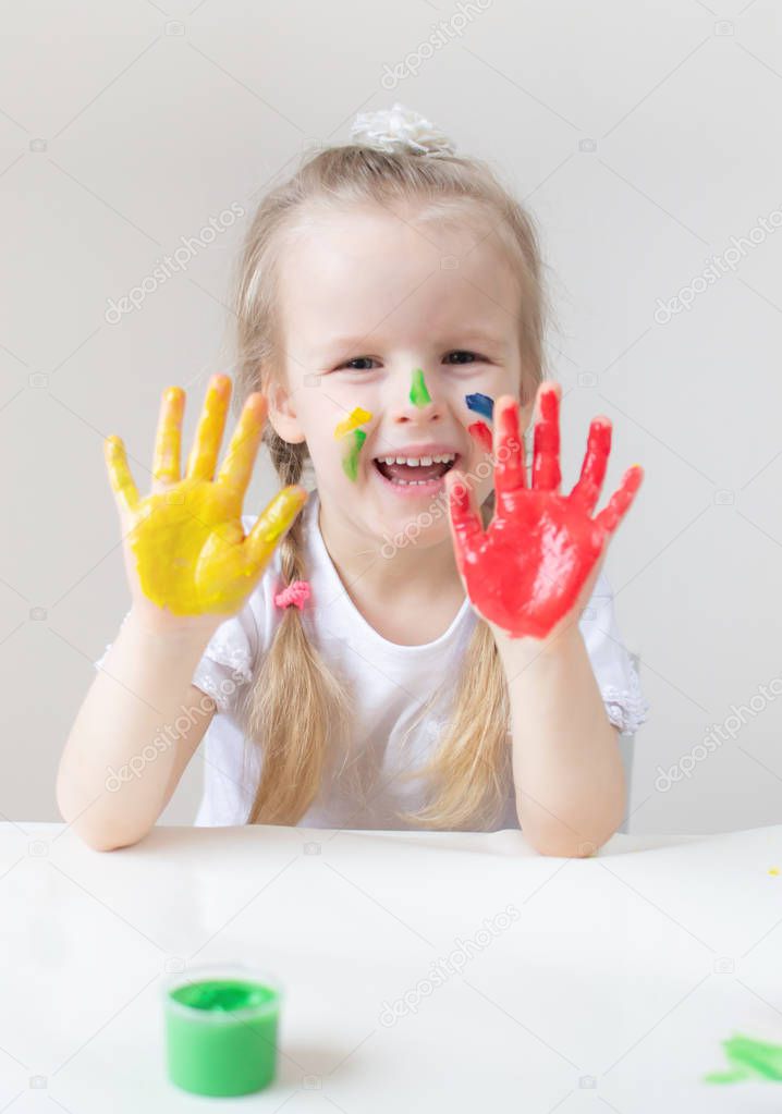 Caucasian Little Girl Painting with Colorful Hands Paints at Home Early Education Preparing for School Preschool Development Children Game