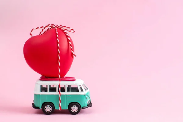 Hippie Bus with Red Heart on the Roof Valentines Day Miniature Small Car Banner Love Theme