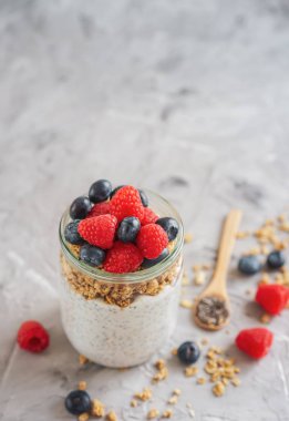 Çilek ve müsli ile Hindistan cevizi Chia tohum puding, vitamin kahvaltı, sağlıklı gıda kavramı, diyet
