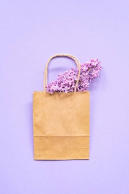 Mor leylak çiçekleri ile kağıt Eko çanta Kompozisyon. Düz Lay. Üst Görünüm. Yaz yaratıcı kavramı. Kopyalama alanı