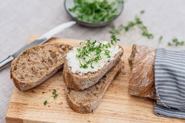 Krem peynir ve mikro salata ile tost, sağlıklı gıda kavramı