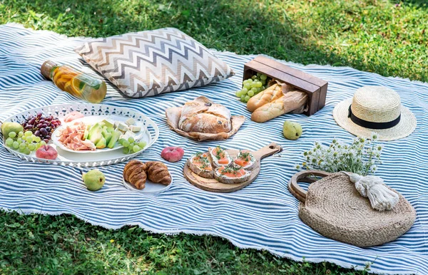 Picnic Verano Hierba Sándwiches Con Salmón Uva Panadería Frutas Tiempo — Foto de Stock