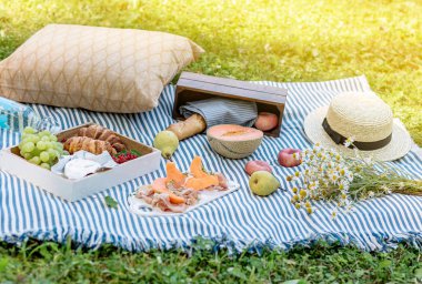 Çimenler üzerinde yaz pikniği, kavunlu reçel, üzüm, fırın, meyve. Dinlenme süresi, sağlıklı gıda kavramı