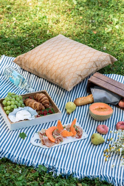 Summer picnic on the grass, jamon with melon, grape, bakery, fruits. Rest time, healthy food concept