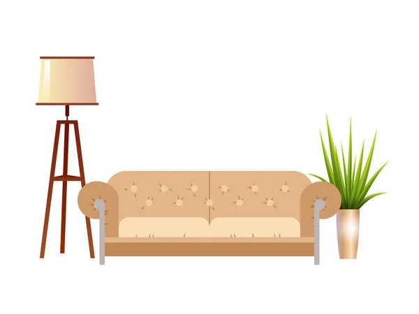 Realistisches rotes Sofa mit Stehlampe und Blumentopf-Vektorillustration — Stockvektor