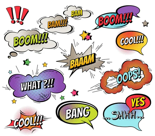 Burbujas de habla cómica y salpicaduras con diferentes emociones y texto Vector ilustraciones de dibujos animados dinámicos brillantes aislados sobre fondo blanco — Vector de stock