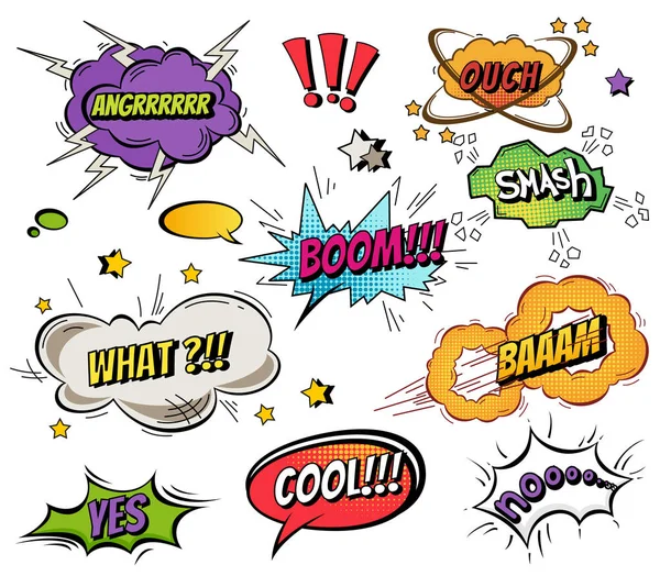 Burbujas de habla cómica y salpicaduras con diferentes emociones y texto Vector ilustraciones de dibujos animados dinámicos brillantes aislados sobre fondo blanco — Archivo Imágenes Vectoriales