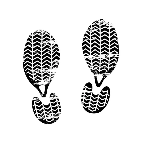 Fußabdrücke und Schuhabdrücke in schwarz-weiß, die nackte Füße und den Abdruck der Fußsohlen mit Mustern männlicher und weiblicher Schuhe zeigen. Schuhe Stiefel Aufdruck — Stockvektor