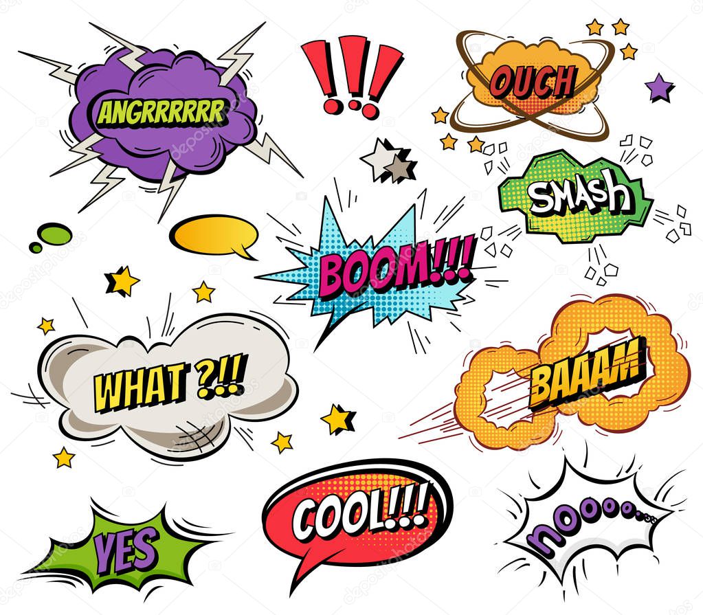 Comic speech bubbles and splashes set with different emotions and text Vector bright dynamic cartoon illustrations isolated on white background