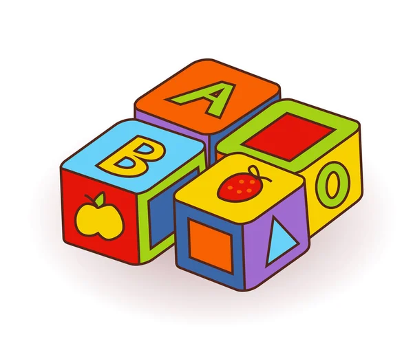 Babys brief kubussen speelgoed. Houten alfabet kubussen met brieven en foto's fruit. Vector — Stockvector