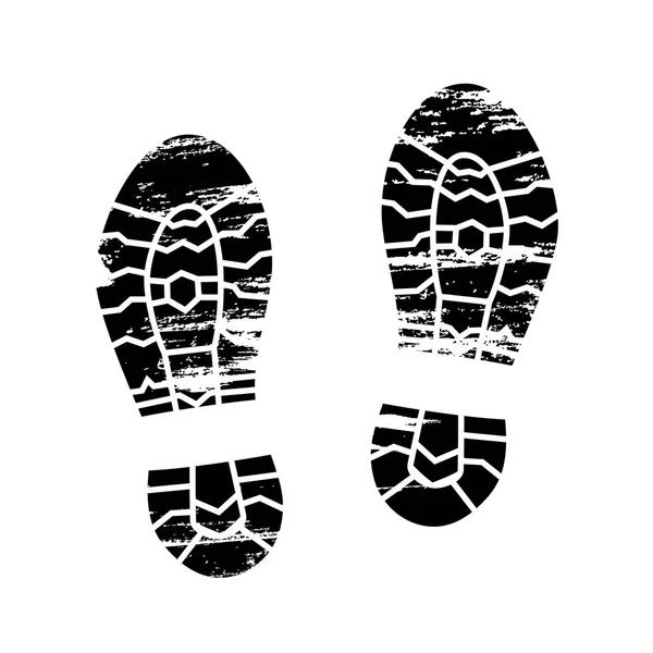 Footprints and shoeprints icon in black and white showing bare feet and the imprint of the soles with patterns of male and female footwear. Shoes boots imprint — Stock Vector