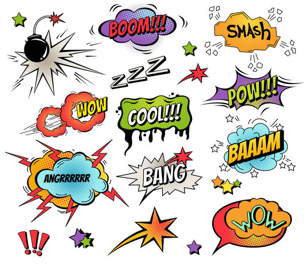 Comic speech bubbles and splashes set with different emotions and text Vector bright dynamic cartoon illustrations isolated on white background