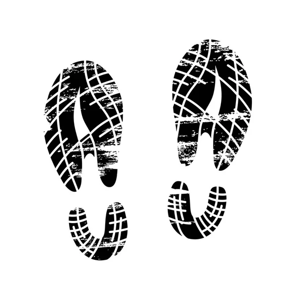 素足と男性と女性の靴のパターンを持つ裏の痕跡を示す黒と白の足跡と靴底のアイコン。靴ブーツの足跡 — ストックベクタ